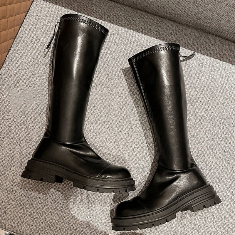 PU Round Toe Sewing Platform High Heel 2022 Winter New Fashion Rome Style Knee High Chelsea Boots Size 35-39 Woman Shoes