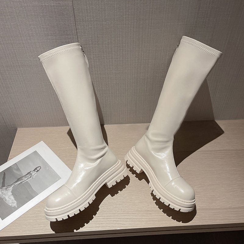 PU Round Toe Sewing Platform High Heel 2022 Winter New Fashion Rome Style Knee High Chelsea Boots Size 35-39 Woman Shoes