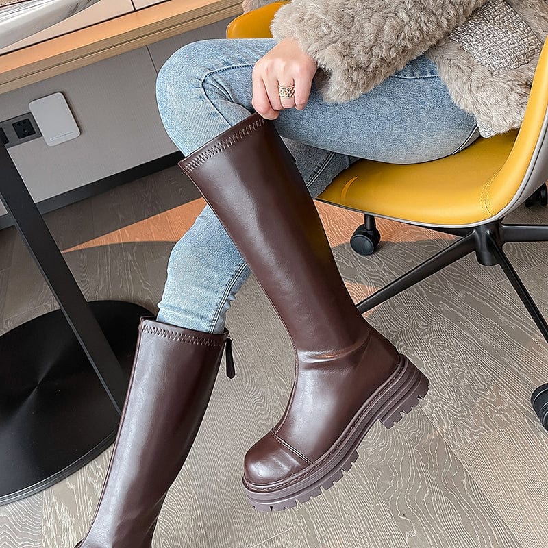 PU Round Toe Sewing Platform High Heel 2022 Winter New Fashion Rome Style Knee High Chelsea Boots Size 35-39 Woman Shoes