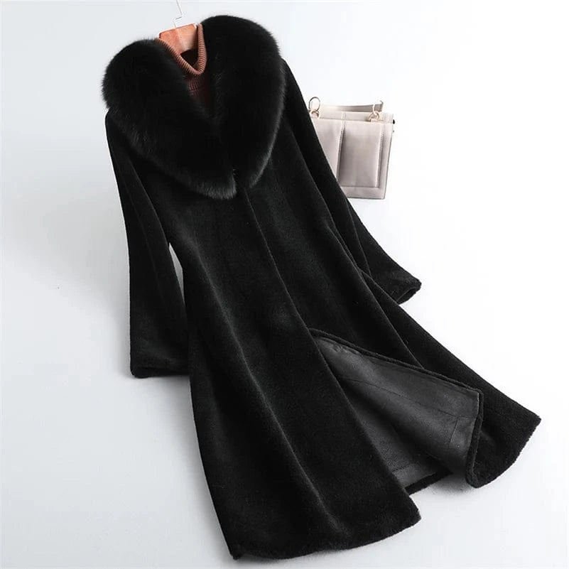 PUDI Winter Woman Real Fox Fur Wool Coat Jacket Female Long Sheep Shearing Over Size Black Trench Parka CT197