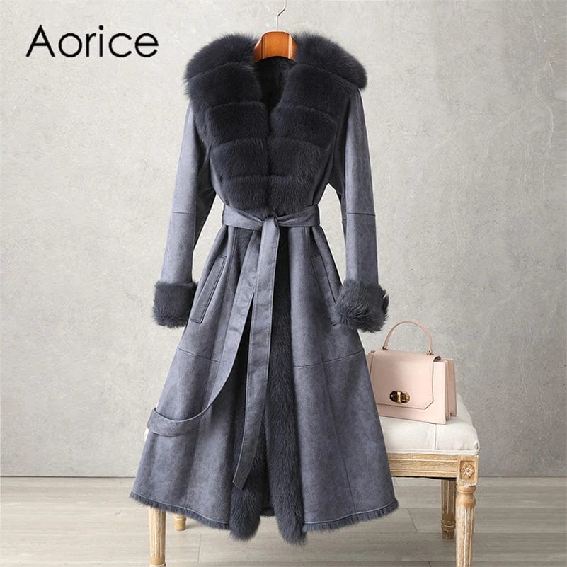 PUDI Women Winter Fur Coat Lady Fox Collar Rabbit Lining Leisure Long Jacket Trench CT187