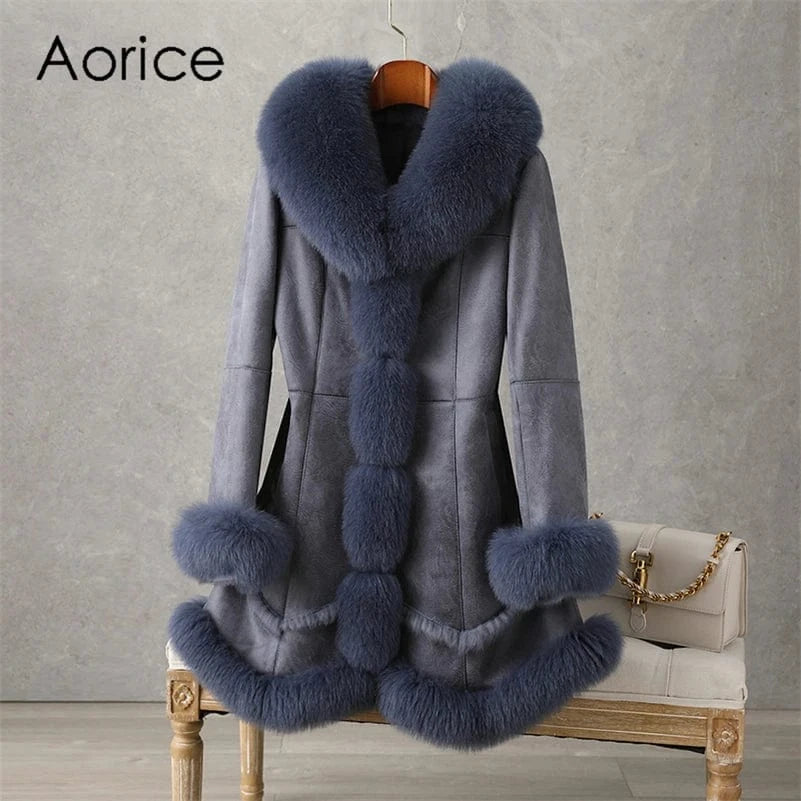PUDI Women Winter Fur Coat Lady Fox Collar Rabbit Lining Leisure Long Jacket Trench CT188