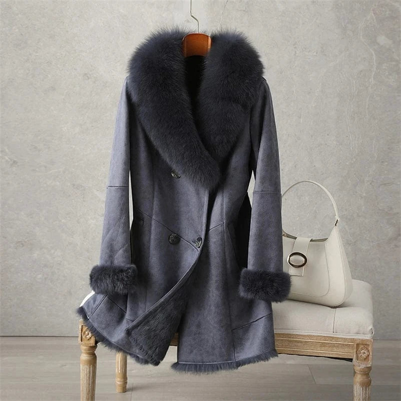 PUDI Women Winter Fur Coat Long Jacket Trench CT189 Fox Collar Rabbit Lining Luxury Lady Vintage Thick Woolen Nonwoven Full Pelt