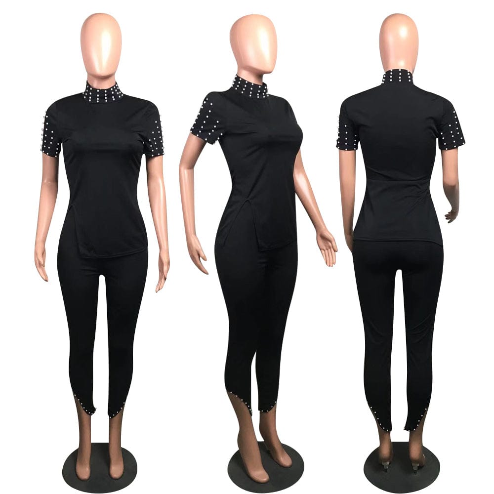 Pure color beaded casual slits plus size short sleeve two-piece suit 2022 new arrivals