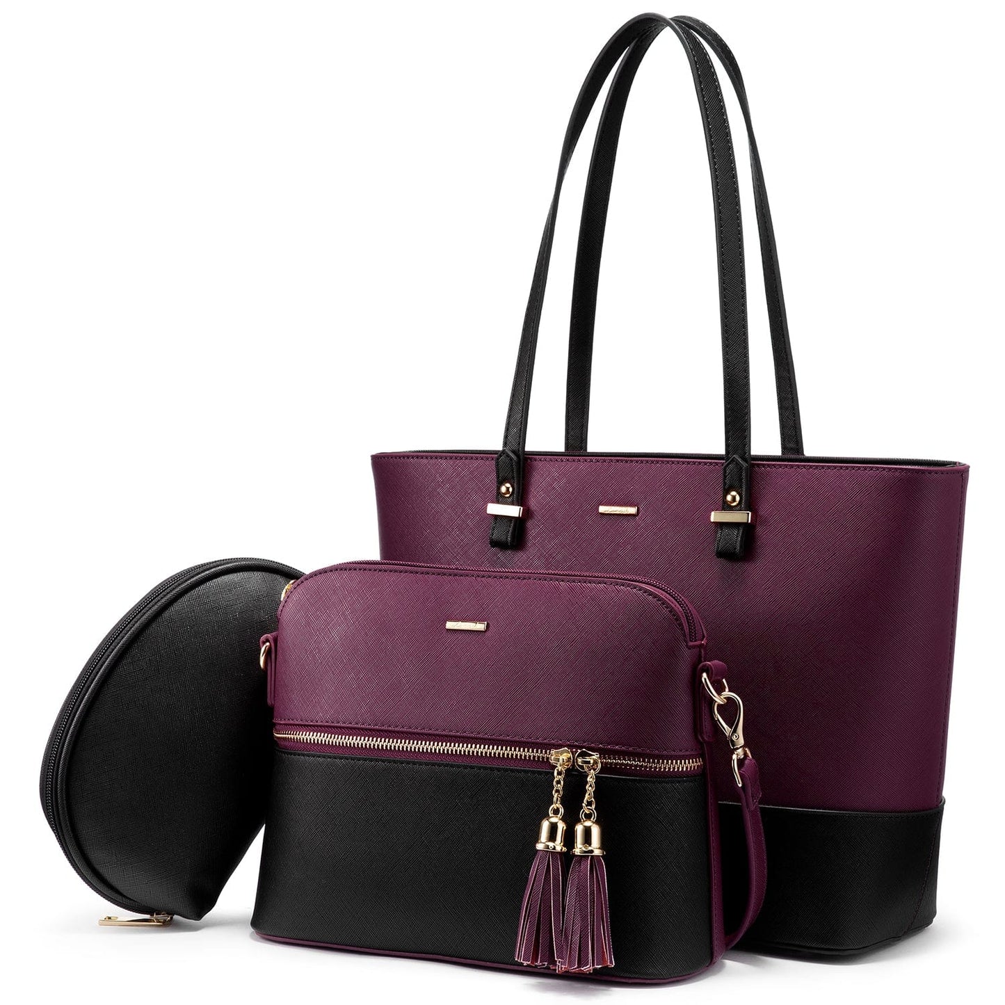 Purple-black LOVEVOOK 2022 Luxury Designer Leather Women's Purse and Handbags 3 in 1 Hand Bags Set Ladies Shoulder Tote Bag Women Handbags