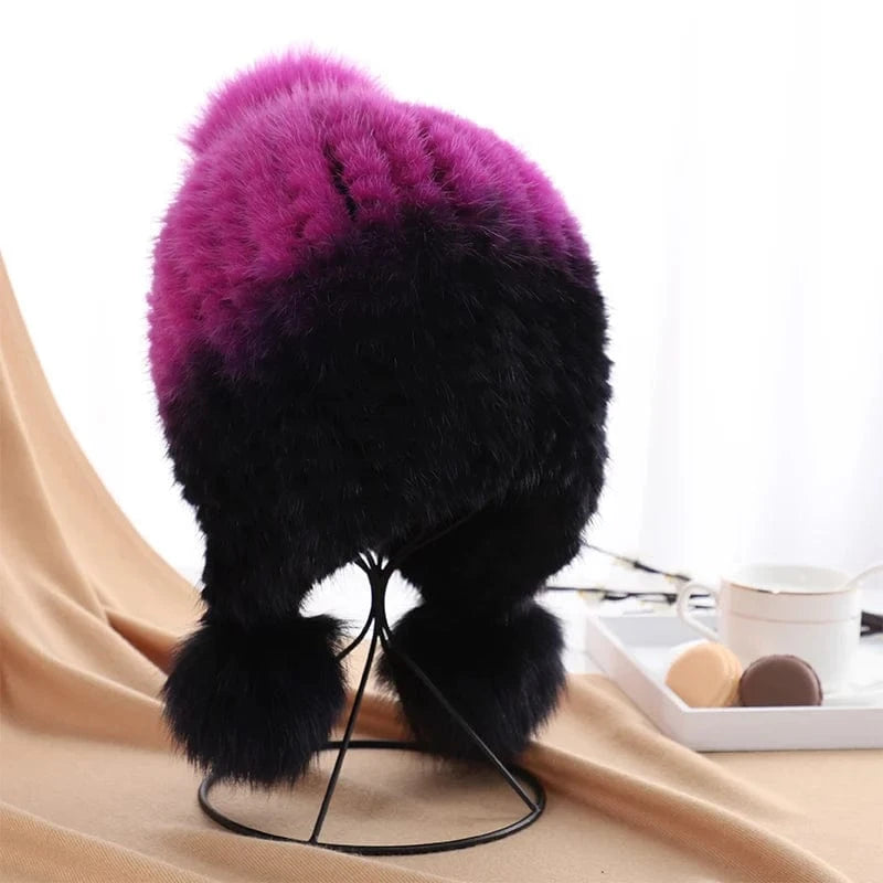 Purple/blk Winter fashion earflap pom ball women knitted mink fur hats