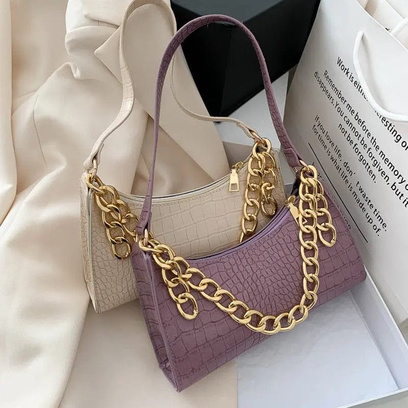Purple F032 Fashion All-match New Crocodile Pattern PU Leather Tote Shoulder Bags for Women Trendy Texture Zipper Handbags
