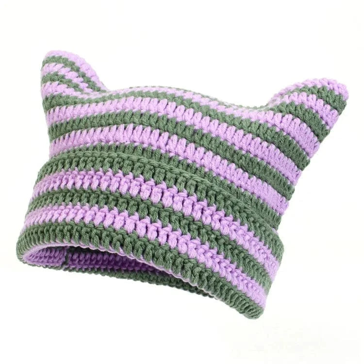 Purple green Little Demon Stripe Bonnet Cute Cartoon Cat Ear Knitted Hat Fashion Knit Piglet Cap Autumn Winter Warm Soft Beanies