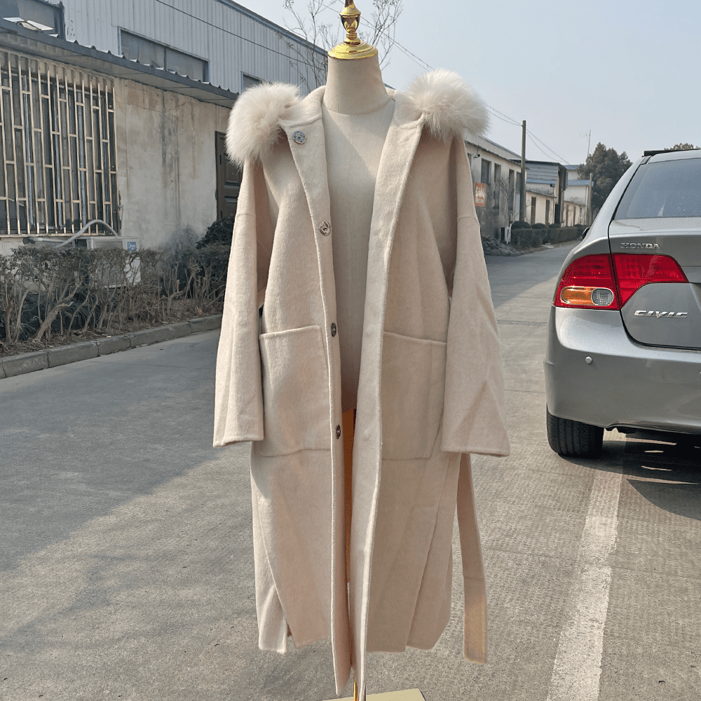 QIUCHEN- QC19055 hot-selling women warm trench jacket cashmere belt long plus size fox fur collar wool coat