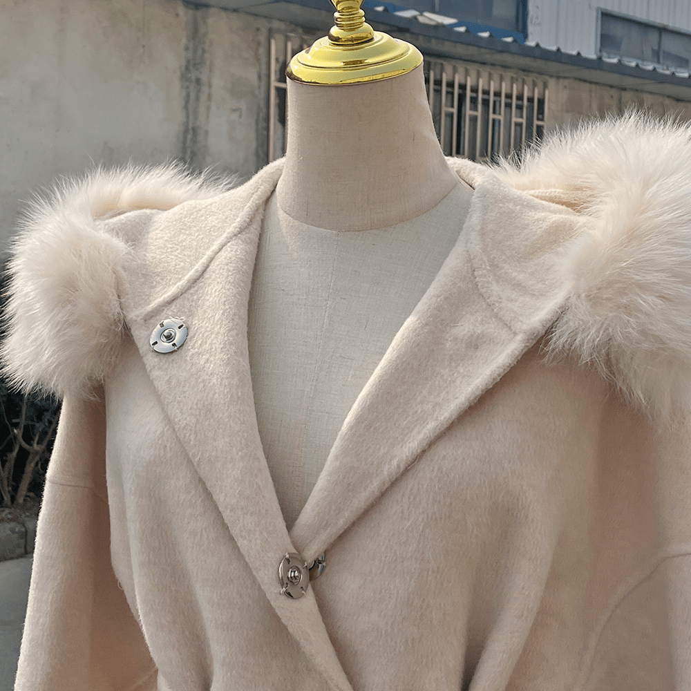 QIUCHEN- QC19055 hot-selling women warm trench jacket cashmere belt long plus size fox fur collar wool coat