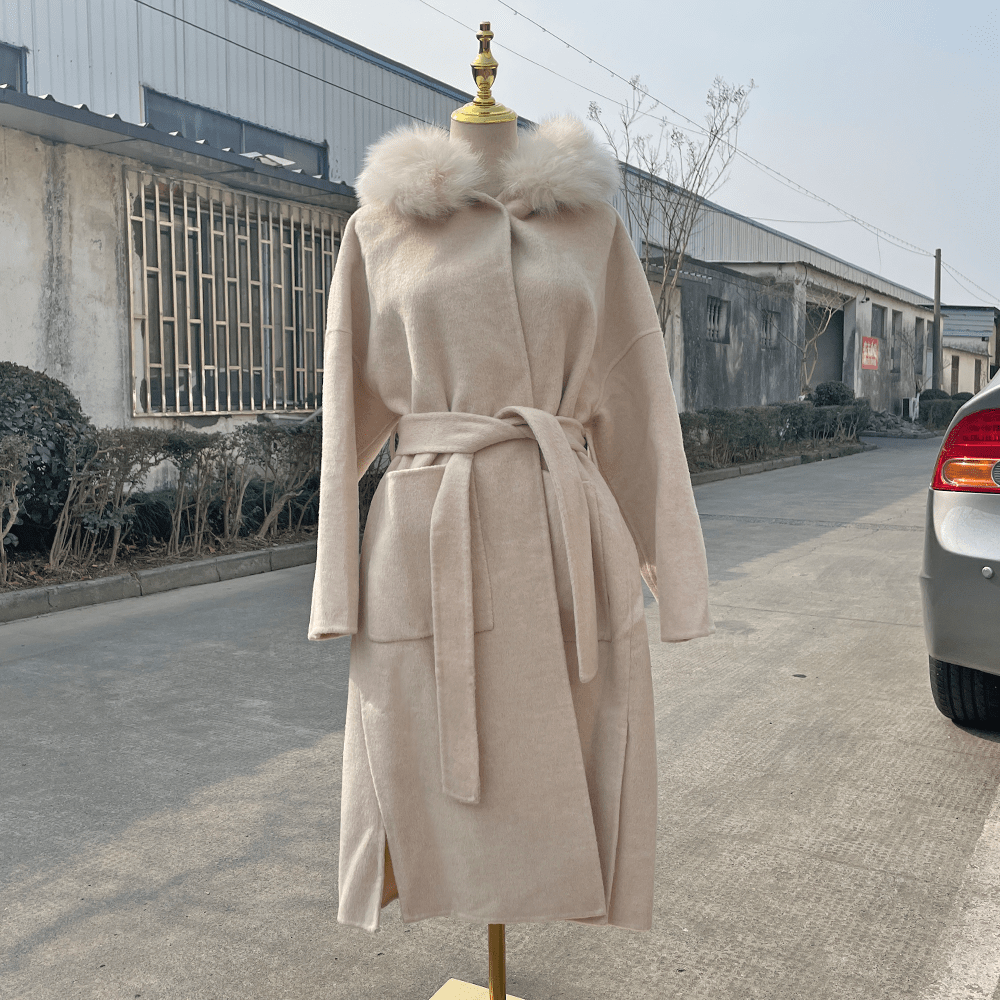 QIUCHEN- QC19055 hot-selling women warm trench jacket cashmere belt long plus size fox fur collar wool coat