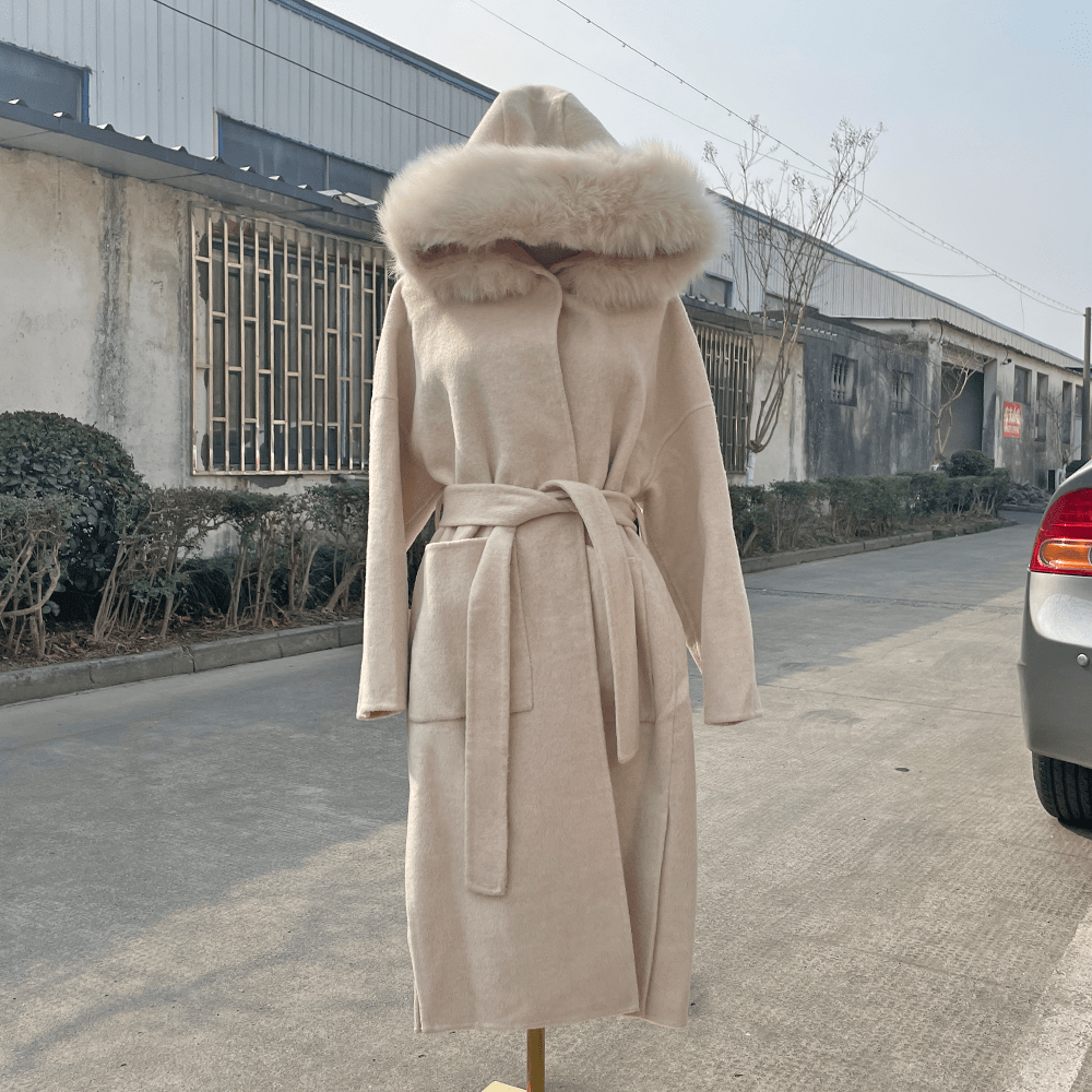 QIUCHEN- QC19055 hot-selling women warm trench jacket cashmere belt long plus size fox fur collar wool coat