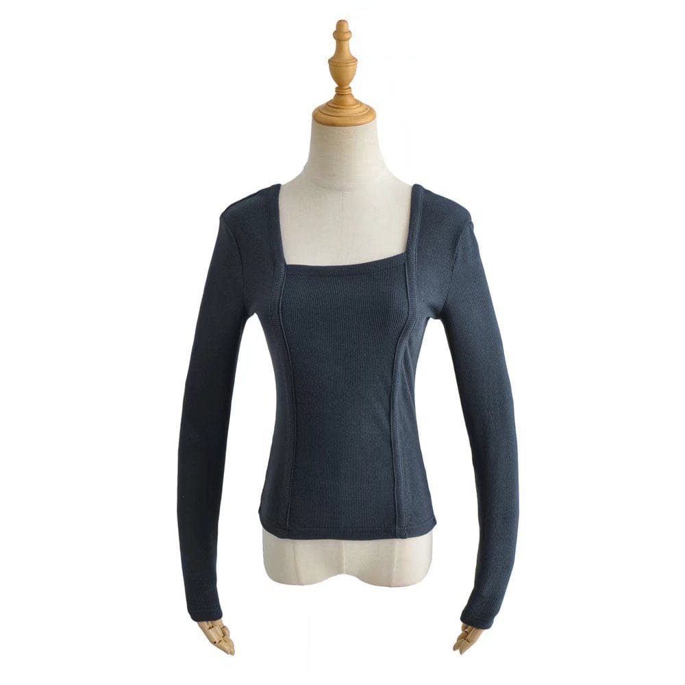 R20122S Women's fashion solid color front pressure line asymmetric front collar bottoming top knitted shirt tops