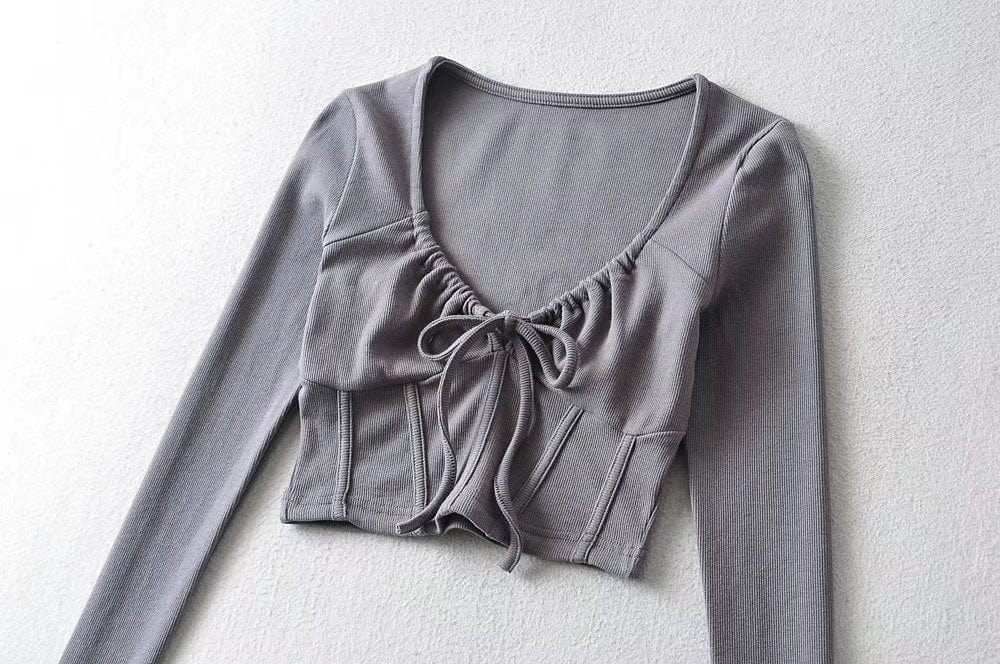 R20129S 2022 New design women's fashion solid color slim short drawstring fishbone stickers long-sleeved T-shirt