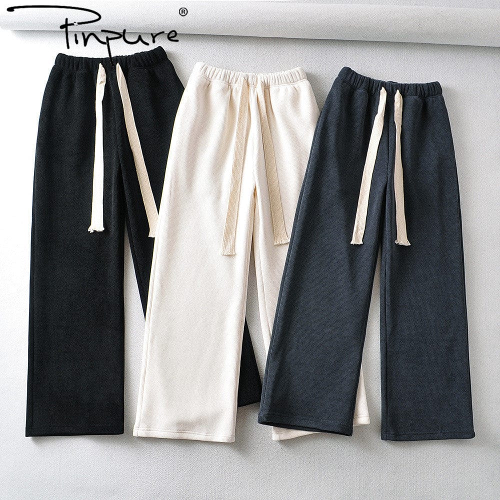 R20331S Women's casual pants chenille plus velvet lace wide-leg pants straight pants
