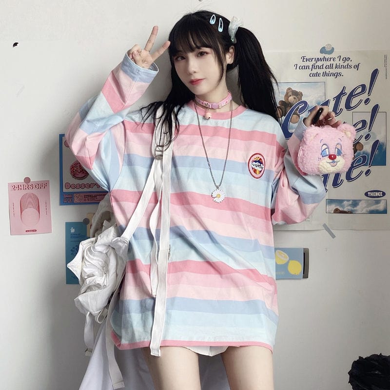 Rainbow Funny T Shirts Women Embroidery Striped Long Sleeve Shirt Cute Tops Spring Ladies Clothes 2022 Fashion Kpop New