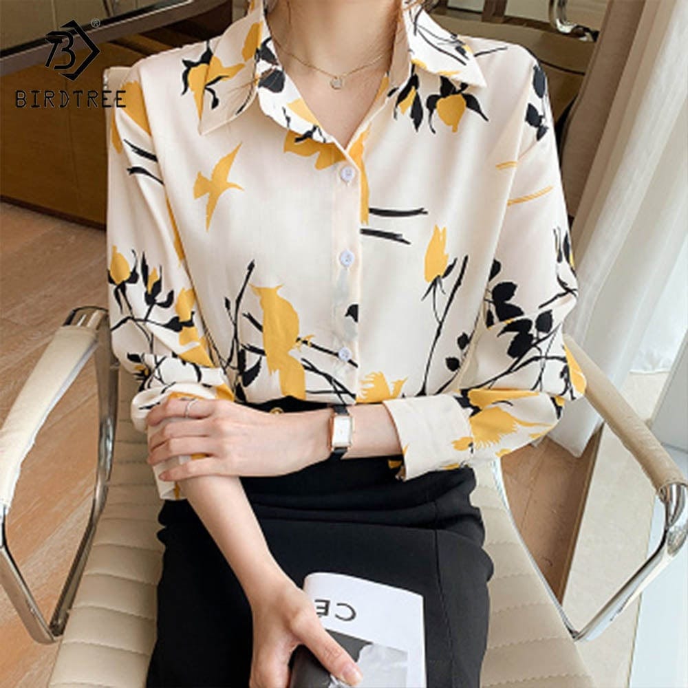 Ready to Ship Chic Woman Long Sleeve Printing Shirts Elegant Casual Blouses Workwear Chiffon Shirt Tops For Spring Autumn