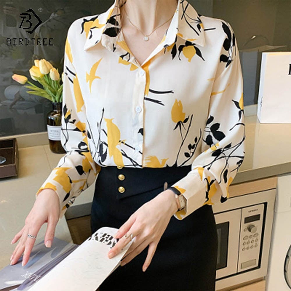 Ready to Ship Chic Woman Long Sleeve Printing Shirts Elegant Casual Blouses Workwear Chiffon Shirt Tops For Spring Autumn