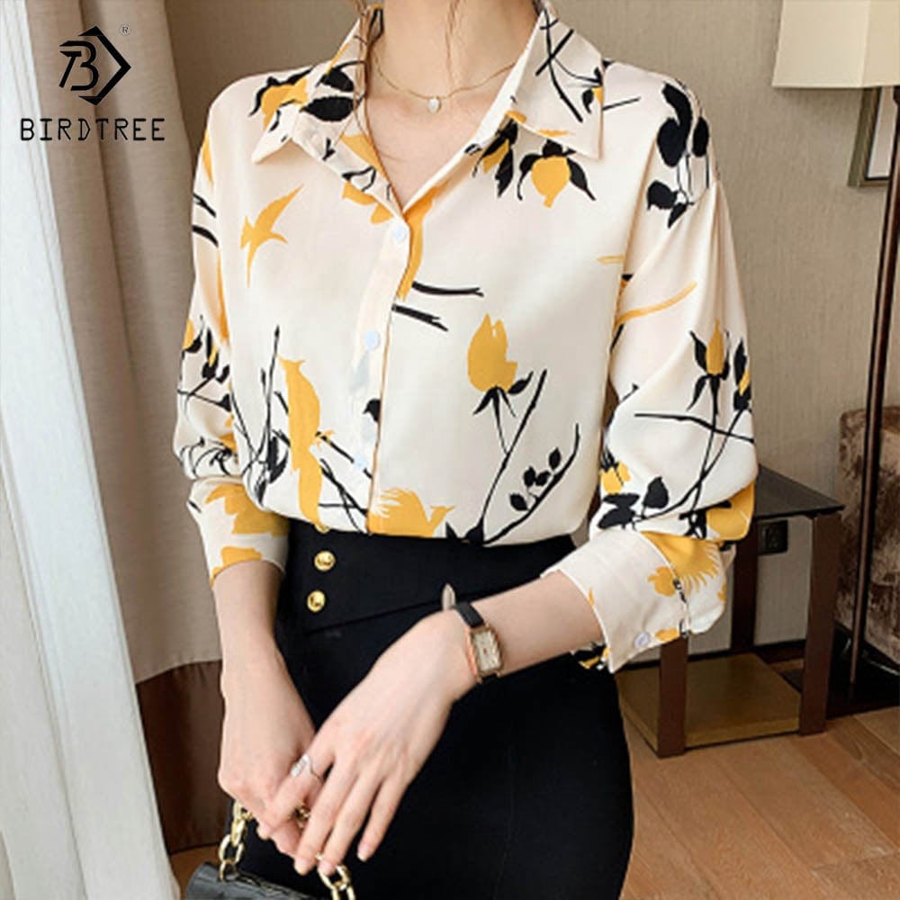 Ready to Ship Chic Woman Long Sleeve Printing Shirts Elegant Casual Blouses Workwear Chiffon Shirt Tops For Spring Autumn