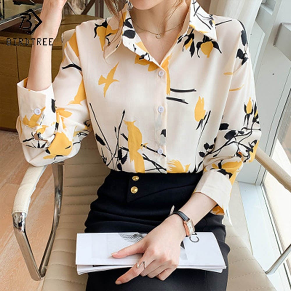 Ready to Ship Chic Woman Long Sleeve Printing Shirts Elegant Casual Blouses Workwear Chiffon Shirt Tops For Spring Autumn