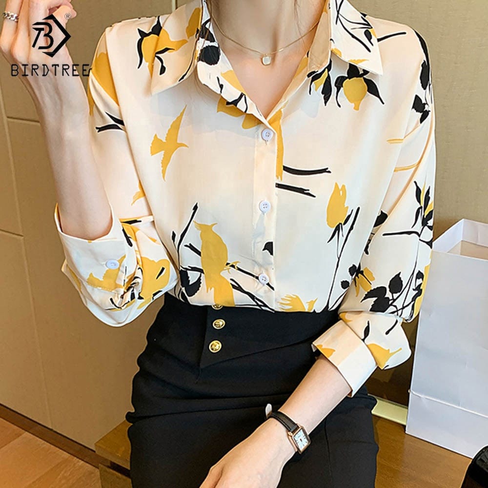 Ready to Ship Chic Woman Long Sleeve Printing Shirts Elegant Casual Blouses Workwear Chiffon Shirt Tops For Spring Autumn