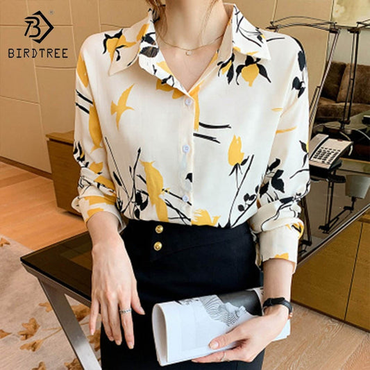 Ready to Ship Chic Woman Long Sleeve Printing Shirts Elegant Casual Blouses Workwear Chiffon Shirt Tops For Spring Autumn