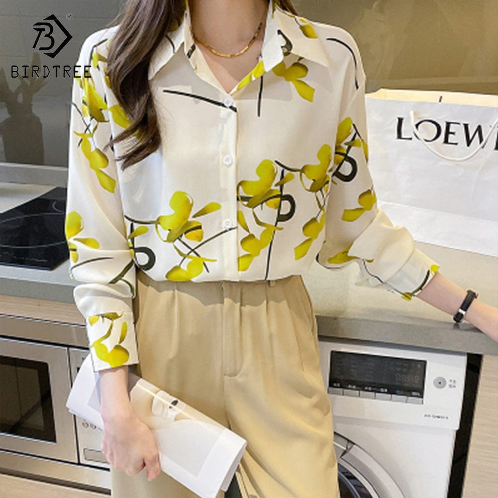 Ready to Ship Printed Long Sleeves Chiffon Shirts Women's Autumn Single Breasted Blouses and Shirt Tops Real Shot T28010X