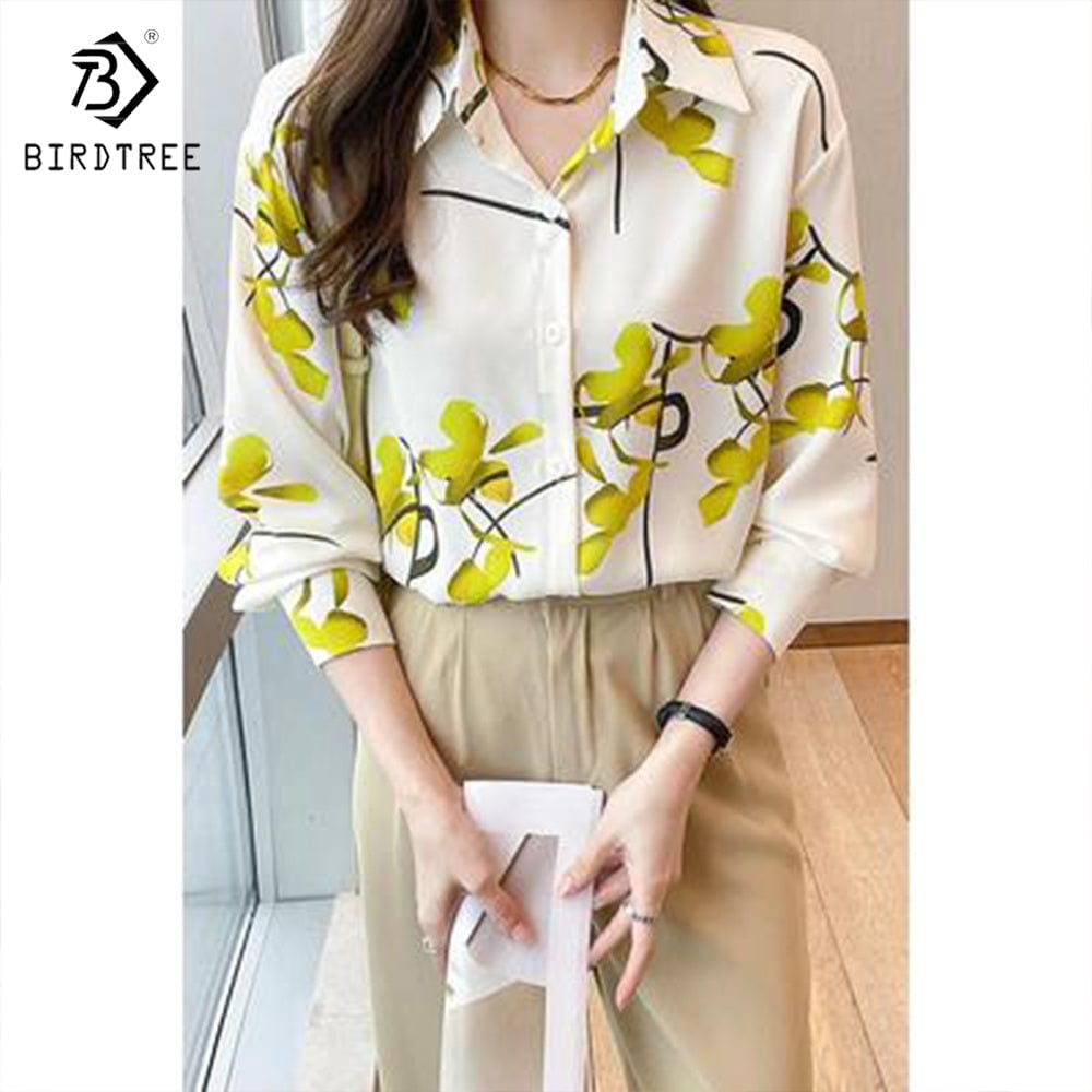 Ready to Ship Printed Long Sleeves Chiffon Shirts Women's Autumn Single Breasted Blouses and Shirt Tops Real Shot T28010X