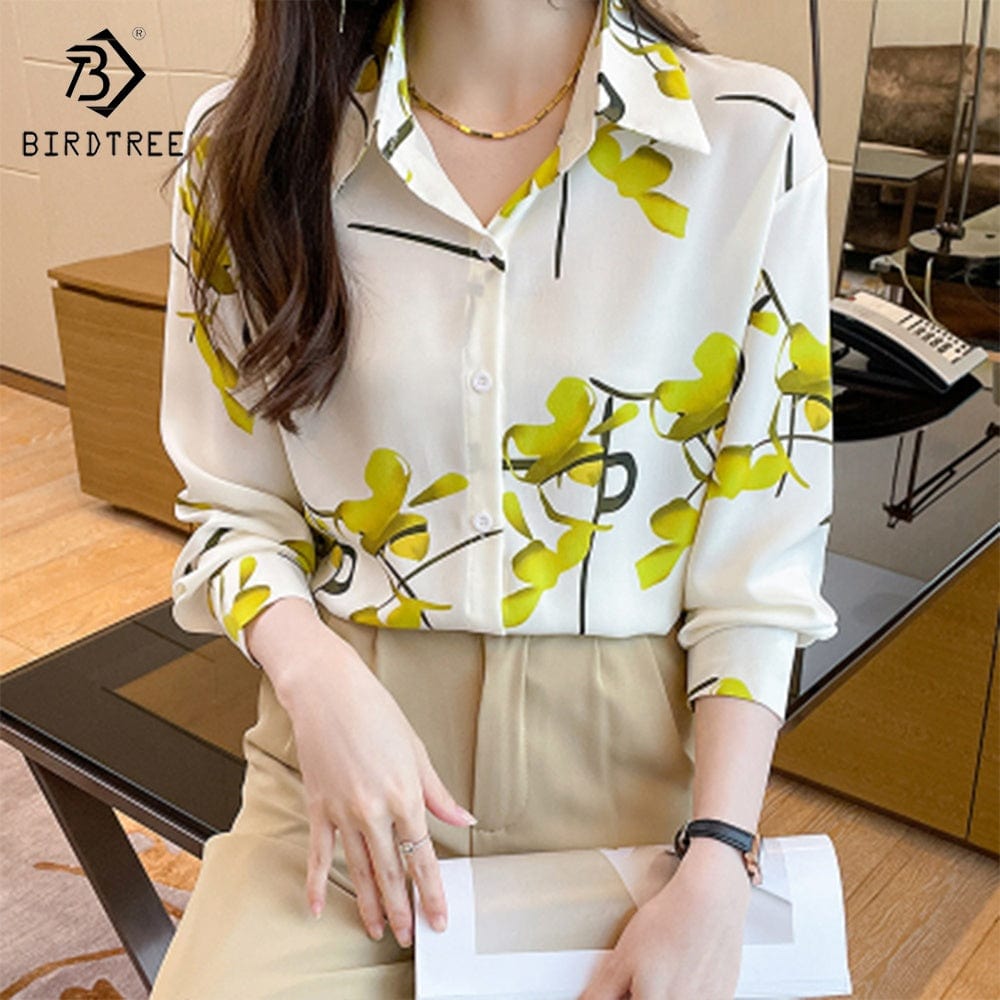 Ready to Ship Printed Long Sleeves Chiffon Shirts Women's Autumn Single Breasted Blouses and Shirt Tops Real Shot T28010X