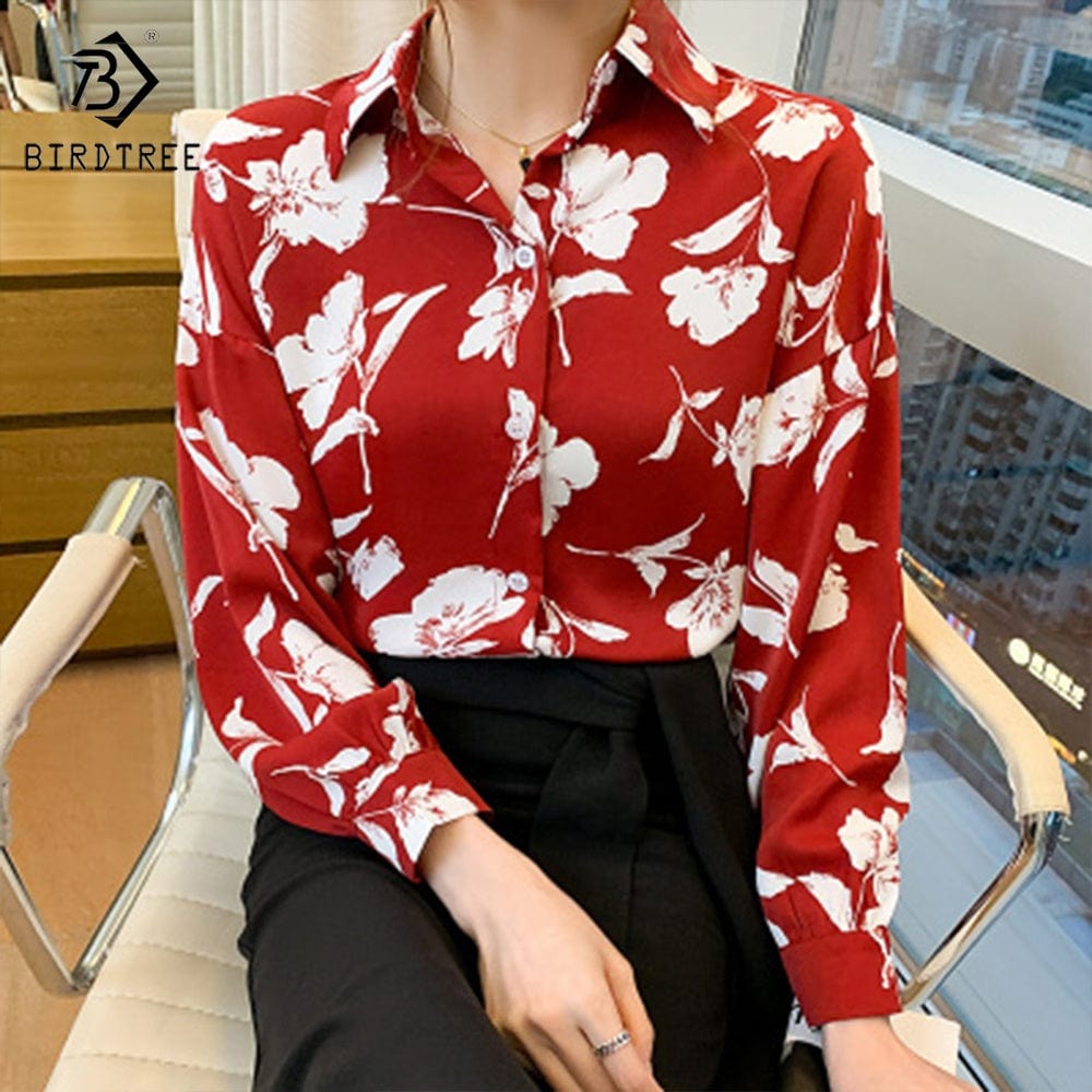 Ready to Ship Woman's Long Sleeve Floral Printing Shirts Elegant Casual Blouses Workwear Chiffon Shirt Tops For Spring Autumn