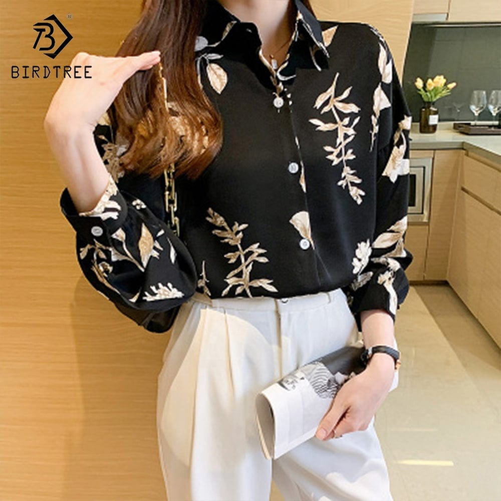 Ready to Ship Woman's Long Sleeve Floral Printing Shirts Elegant Casual Blouses Workwear Chiffon Shirt Tops For Spring Autumn