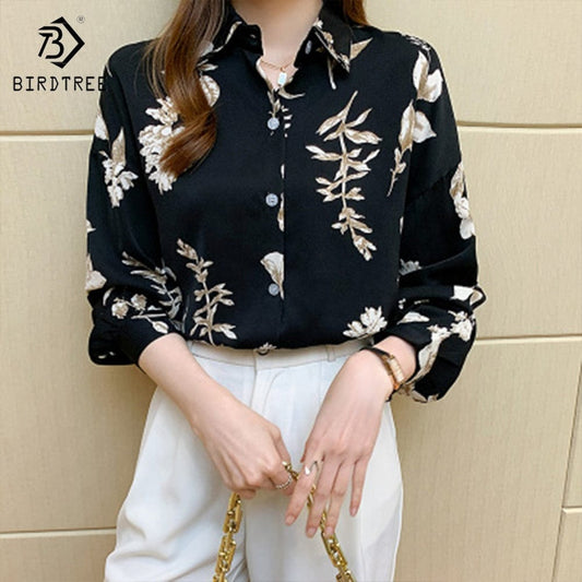 Ready to Ship Woman's Long Sleeve Floral Printing Shirts Elegant Casual Blouses Workwear Chiffon Shirt Tops For Spring Autumn