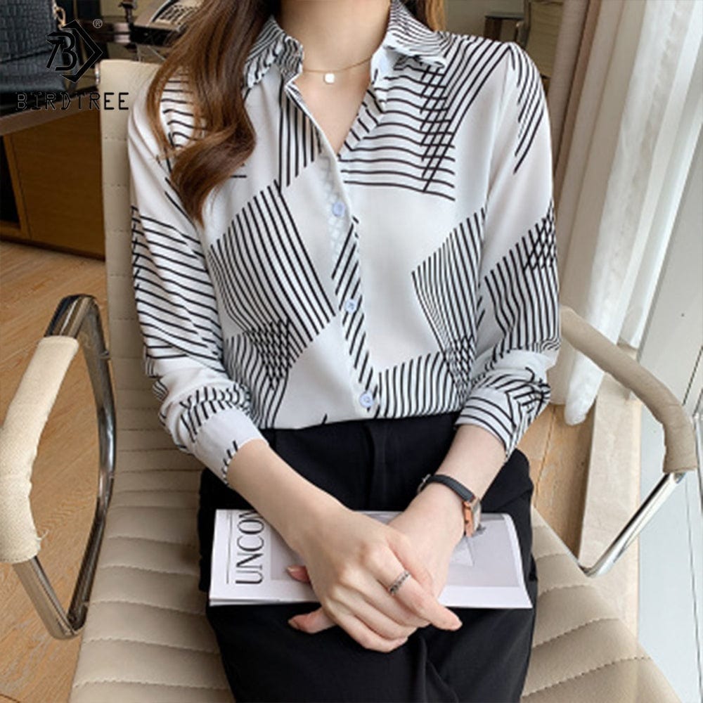Ready to Ship Women's Long Sleeve Geometry Printing Shirts Elegant Casual Blouses Satin Shirt Tops For Spring Autumn