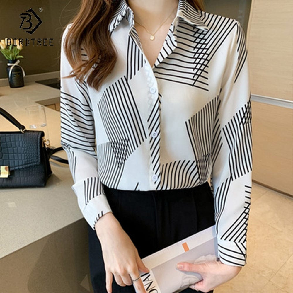 Ready to Ship Women's Long Sleeve Geometry Printing Shirts Elegant Casual Blouses Satin Shirt Tops For Spring Autumn