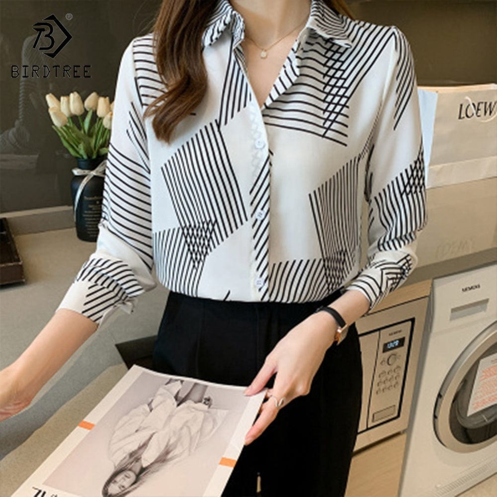 Ready to Ship Women's Long Sleeve Geometry Printing Shirts Elegant Casual Blouses Satin Shirt Tops For Spring Autumn