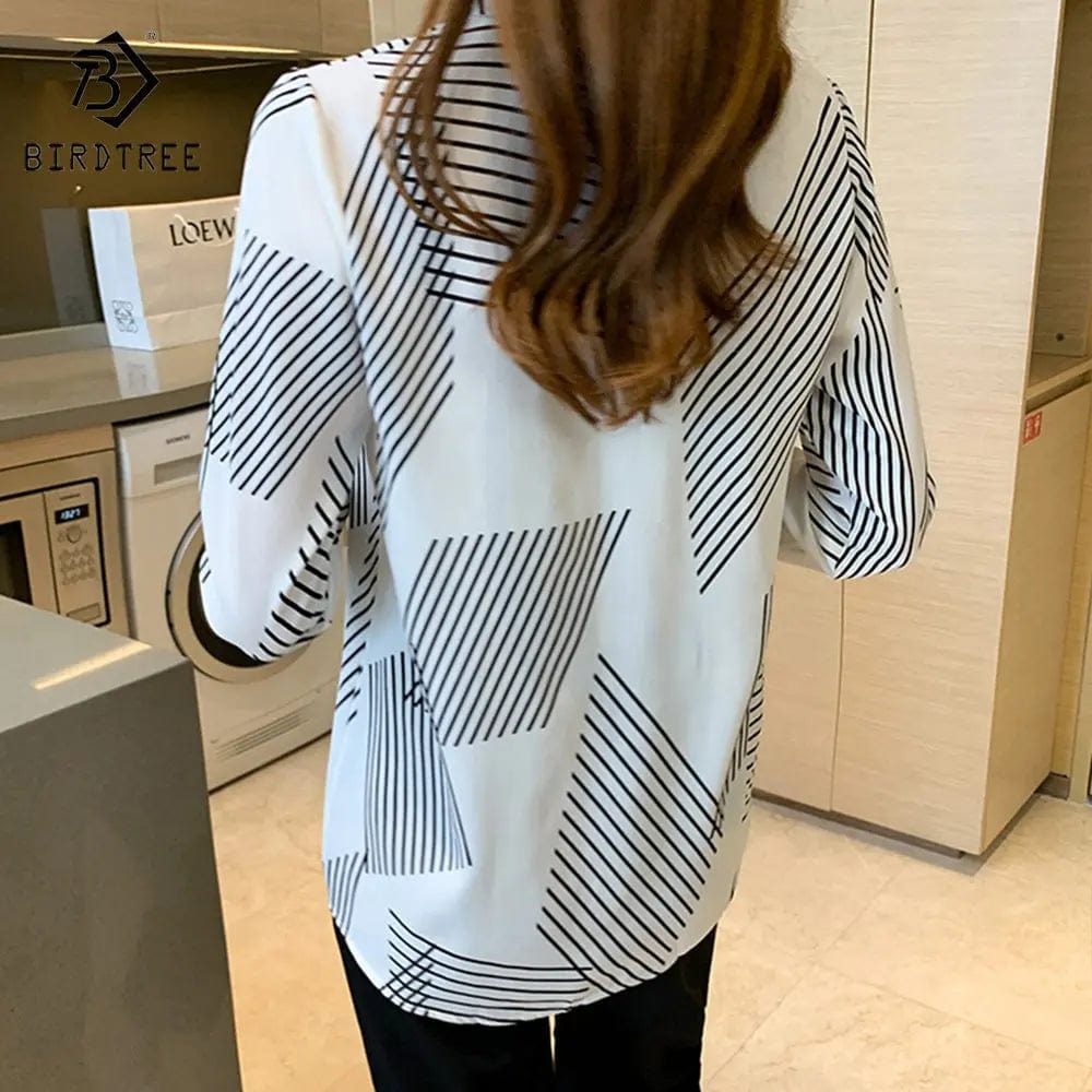 Ready to Ship Women's Long Sleeve Geometry Printing Shirts Elegant Casual Blouses Satin Shirt Tops For Spring Autumn