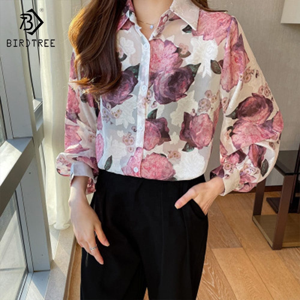 Real Shot Printed Embroidered Shirt Women's 2022 Autumn New Loose Lantern Sleeves European and American Style Chiffon S T28813X