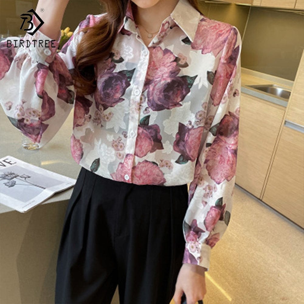 Real Shot Printed Embroidered Shirt Women's 2022 Autumn New Loose Lantern Sleeves European and American Style Chiffon S T28813X