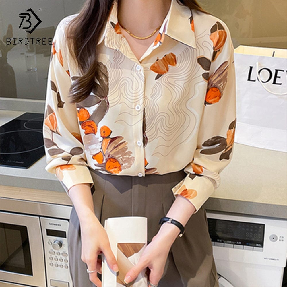 Real Shot Ready to Ship Printed Long Sleeves Chiffon Shirts Women's 2022 Autumn New Blouses and Shirt Tops T28009X