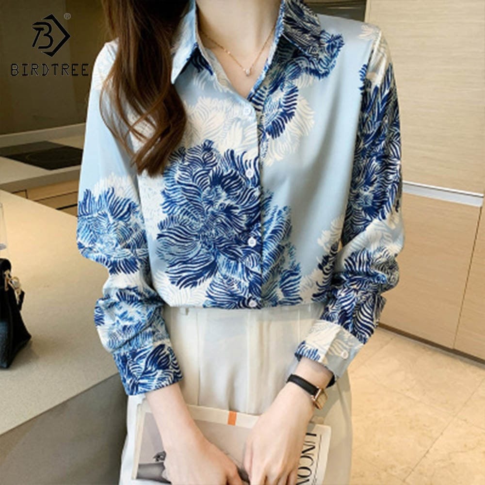 Real Shot Ready to Ship Woman Long Sleeve Shirts Elegant Abstrict Printing Blouses Office Chiffon Shirt Tops For Spring Autumn
