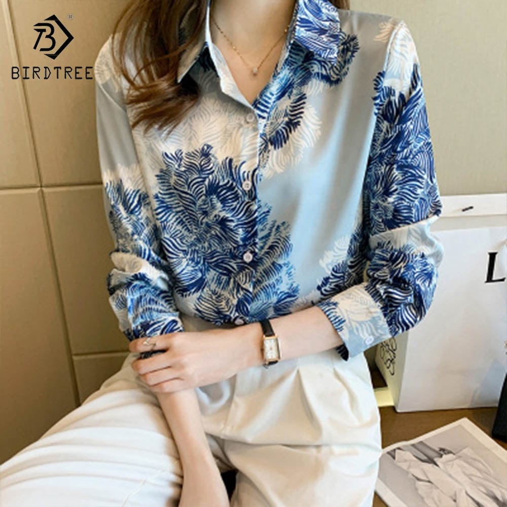 Real Shot Ready to Ship Woman Long Sleeve Shirts Elegant Abstrict Printing Blouses Office Chiffon Shirt Tops For Spring Autumn
