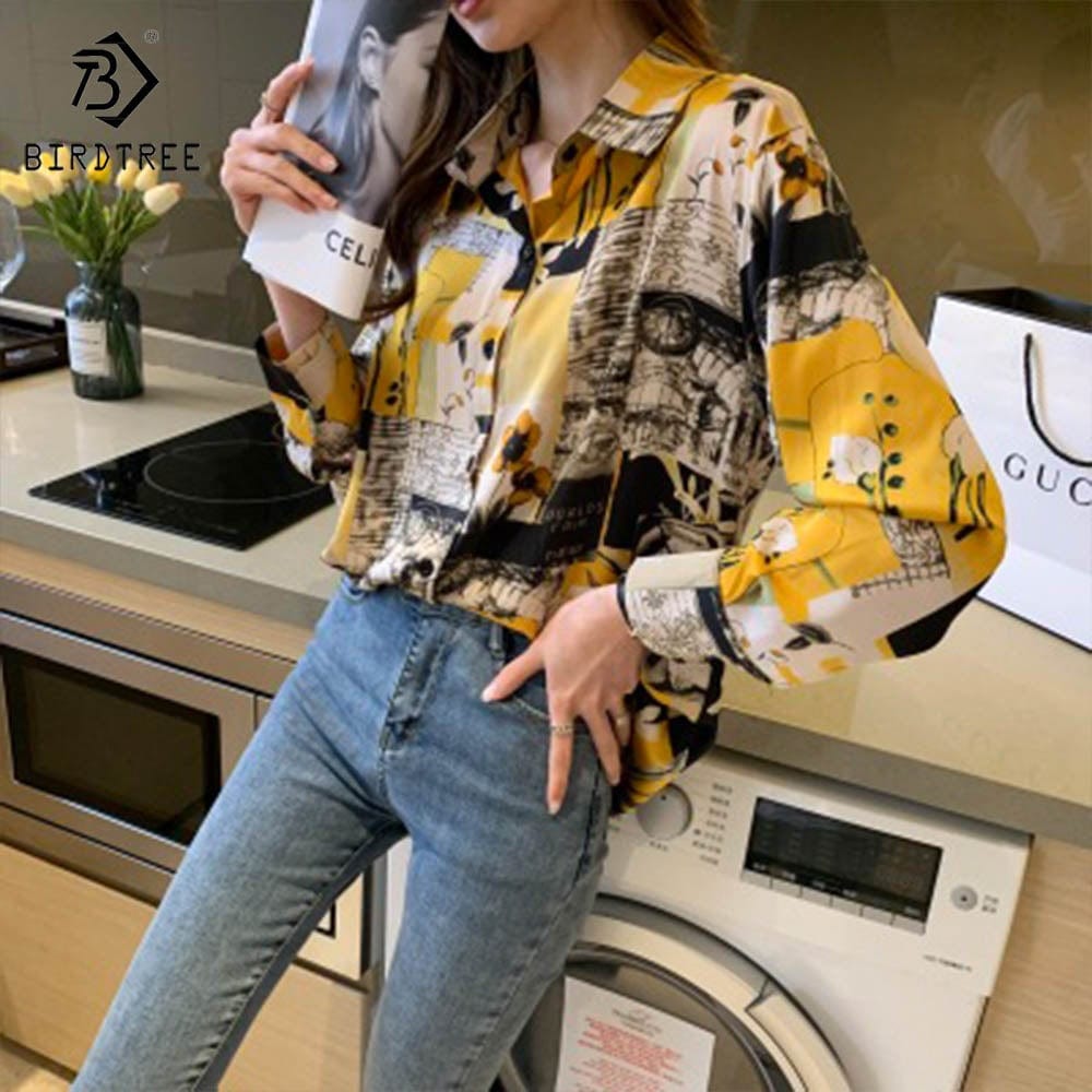 Real Shot Ready to Ship Woman Long Sleeve Shirts Elegant Printing Blouses Office Chiffon Shirt Tops For Spring Autumn