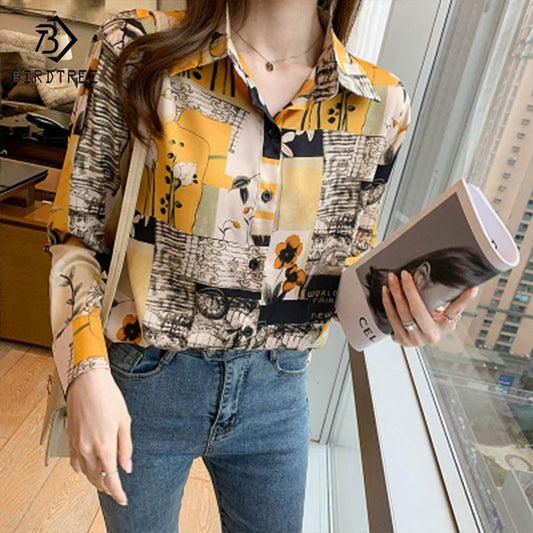 Real Shot Ready to Ship Woman Long Sleeve Shirts Elegant Printing Blouses Office Chiffon Shirt Tops For Spring Autumn
