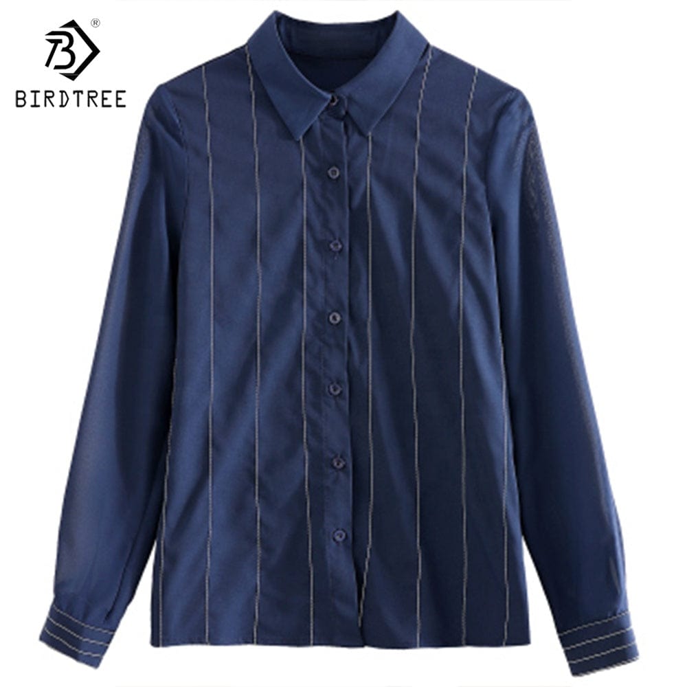 Real Shot Woman Long Sleeve Shirts Elegant Striped Workwear Office Slim Chiffon Blouses Shirt Tops Autumn Custom Support