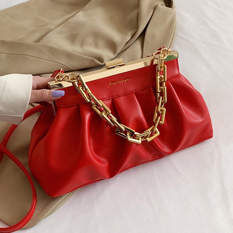 Red 2022 New Chains Designer Cloud Clutch Bag Dumpling Shoulder Bag Clip Purse Leather Women Pleated Handbags