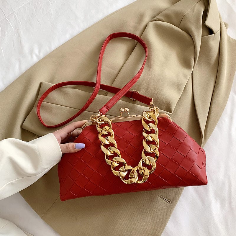 Red 2022 Trending Woven Purse Ruched Dumpling Pouch Hobo Bag Chain Link Shoulder Handbag Women Chain Cloud Clutch Bag