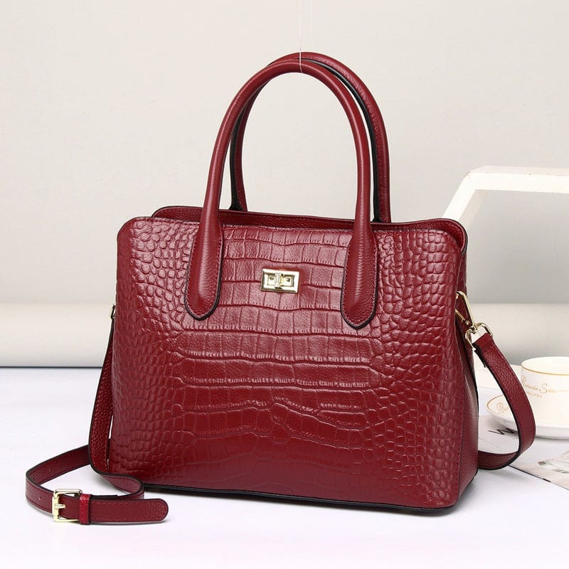 Red Brand Designer Large Capacity Crocodile Pattern Print Elegant Women Leather Handbags Top Cowhide Leather Handbag