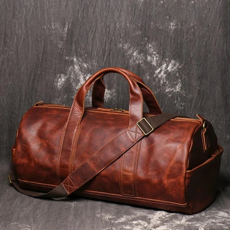 RED  BROWN Vintage Leather Duffel Gym Sports Overnight Weekend Bags For Men And Women Leather Travel Bags
