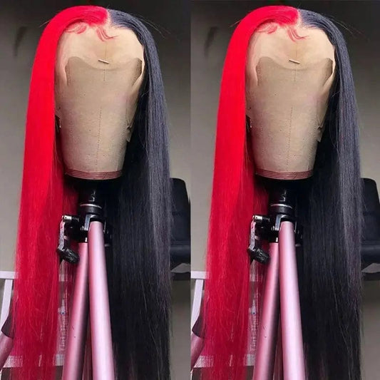 Red Colored 13X4 Lace Frontal Wig Ombre Highlight Red Straight Human Hair For Women Preplucked Brazilian Remy Body Wave Wigs