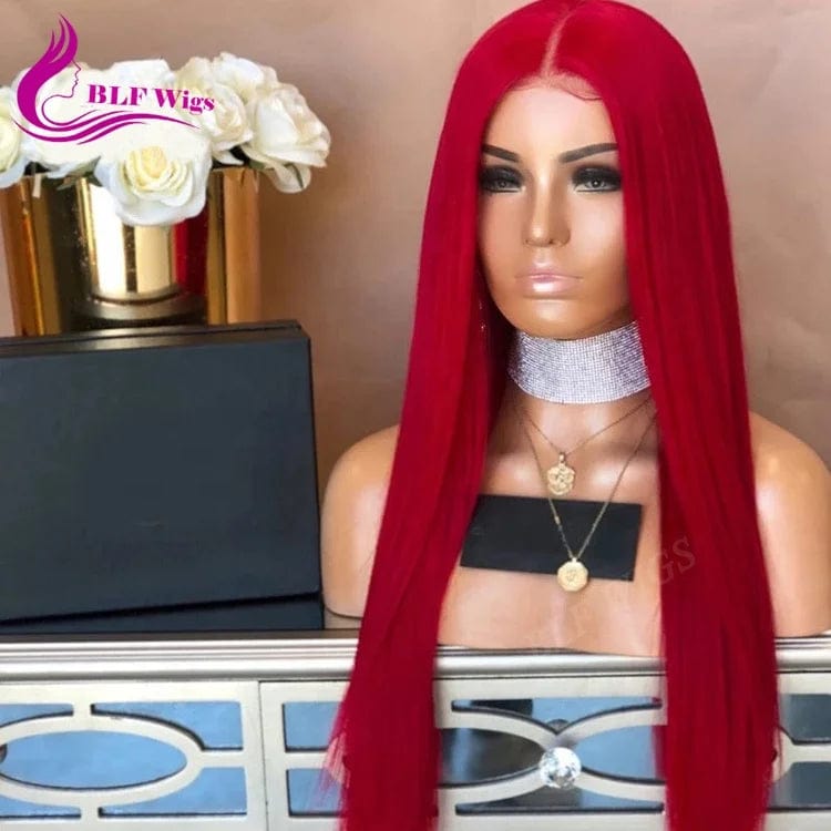 Red Colored Human Hair Wigs Silky Straight Brazilian Virgin Hair Glueless Full Lace Wigs Bleached Knots Invisible Middle Part